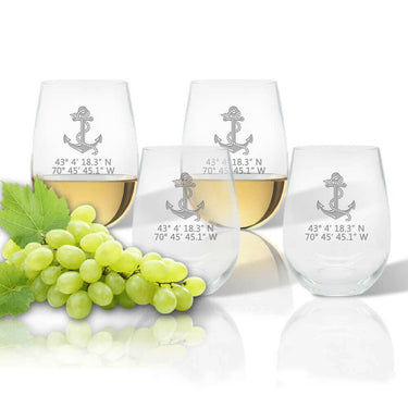 Latitude Longitude Stemless Wine, 5 Nautical Design Choices + GPS Coordinates, Unbreakable Acrylic Drinkware Sets New England Trading Co